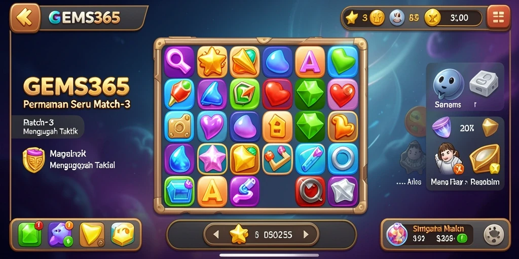 Tampilan menarik gameplay GEMS365 dengan permata berwarna-warni.