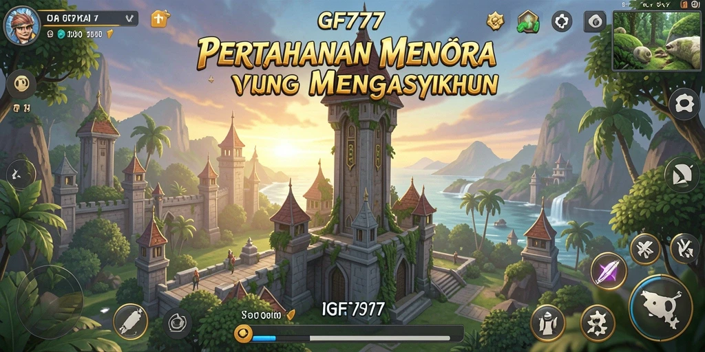 Tangkapan layar gameplay GF777 menampilkan menara berwarna-warni dan musuh yang mengepung.