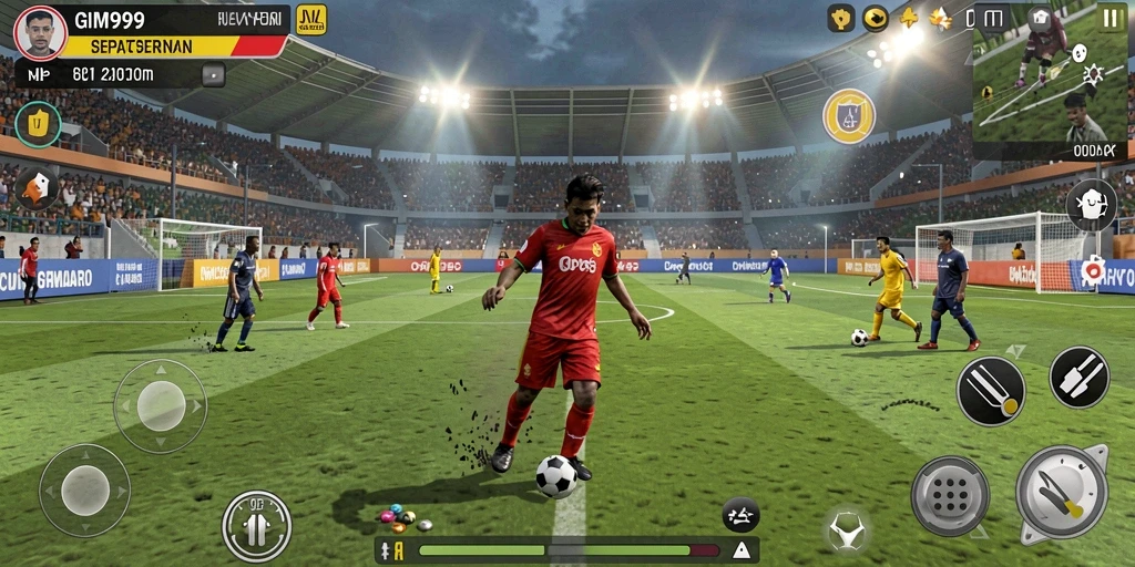 Tampilan gameplay GIM999 dengan aksi sepak bola yang seru dan mendebarkan.