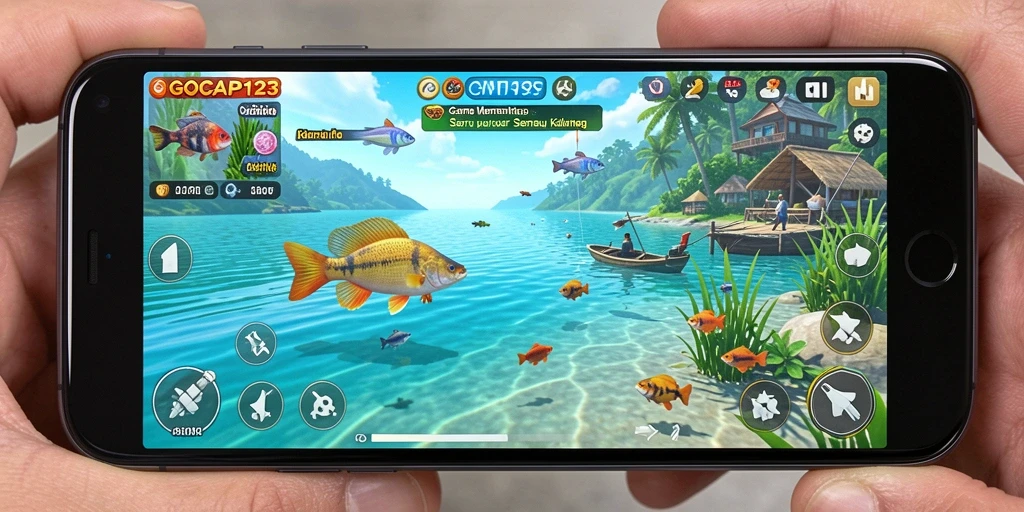Tampilan gameplay seru dari GOCAP123 saat memancing di danau.