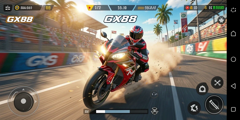 Screenshot gameplay GX88 yang menampilkan balapan motor yang mendebarkan.