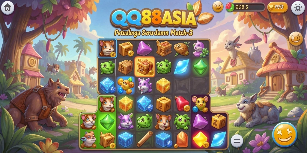 Tampilan gameplay seru dalam QQ88ASIA yang menampilkan tantangan Match-3.