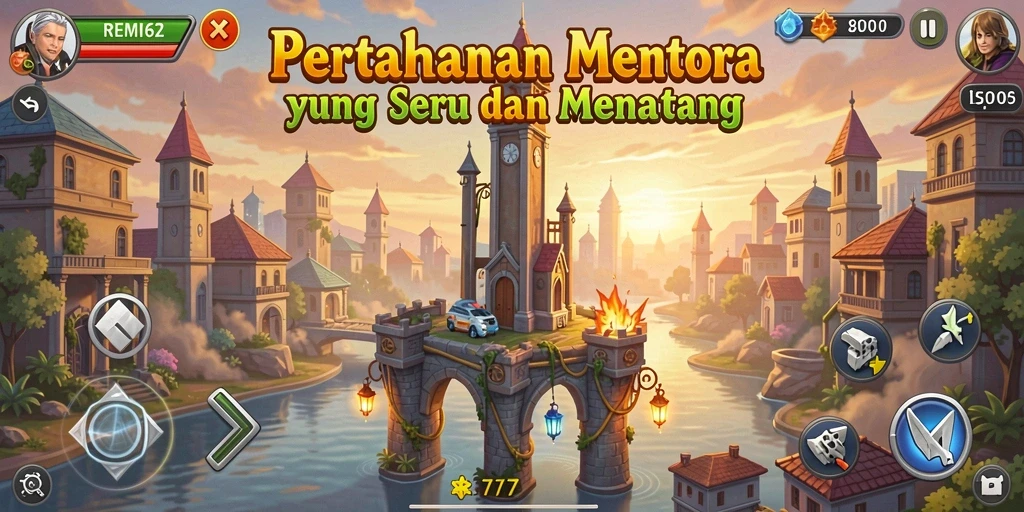 Screenshot gameplay REMI62 yang menunjukkan menara beraksi melawan musuh.