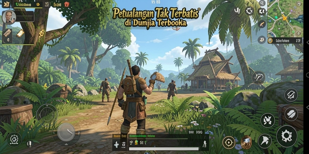 Screenshot gameplay V98 dengan eksplorasi di dunia terbuka.